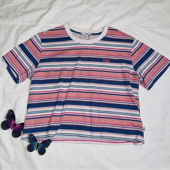 Vans T Shirt Wazzy Striped Cropped Tee Size Extra Large Pink Blue and White - Picture 7 of 9